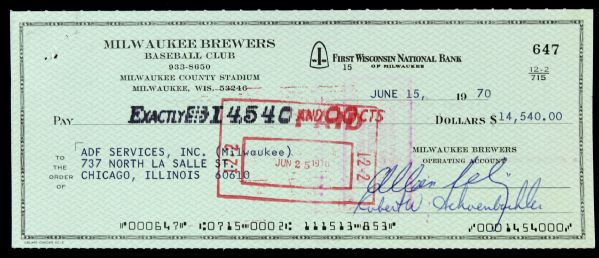 1970 Allan Bud Selig Milwaukee Brewers Signed Check During Teams First Season in Milwaukee - JSA 