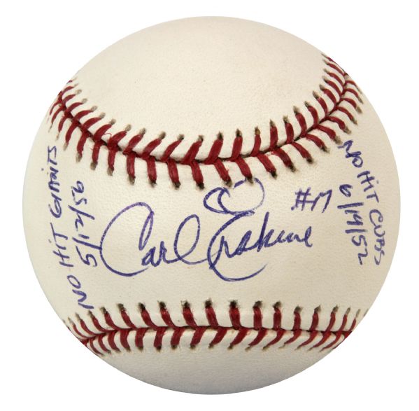 1950s Carl Erskine Brooklyn Dodgers Single Signed OML (Selig) Baseball With No-Hit Inscriptions - JSA