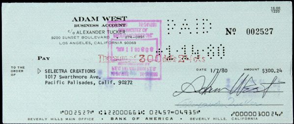 1980 Adam West Batman Signed Personal Check - JSA