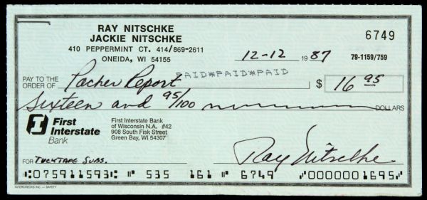 1987 Ray Nitschke Green Bay Packers Signed Check To Packer Report - JSA