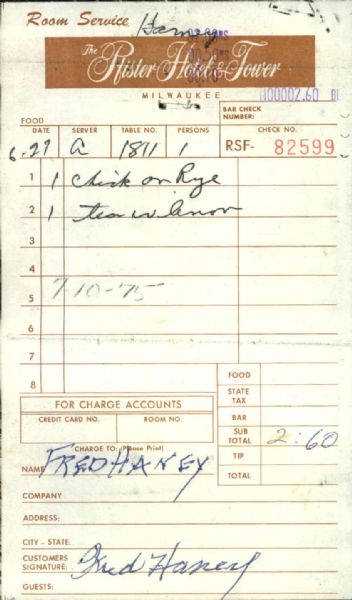 Fred Haney Milwaukee Braves Signed Pfister Hotel Tower Receipt - JSA 