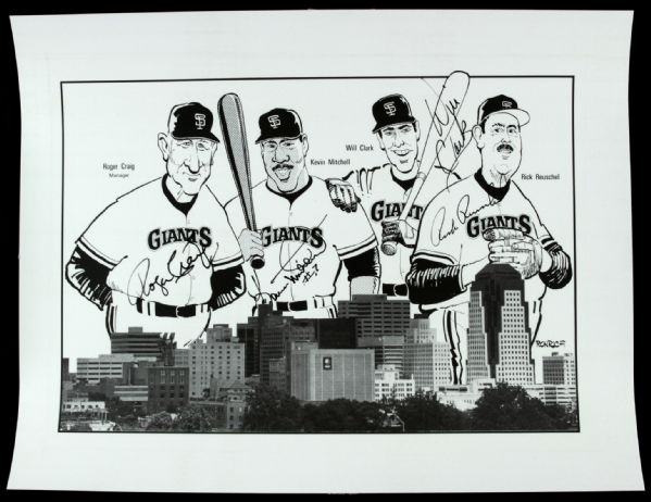 1987-91 San Francisco Giants Multi Signed 12 1/2" x 10" Print w/ Roger Craig Kevin Mitchell Will Clark Reuschel - JSA 