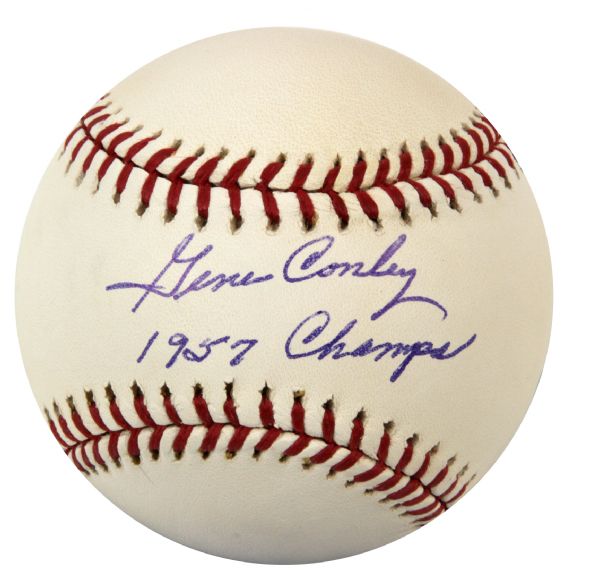 1957 Gene Conley Milwaukee Braves Single Signed OML (Selig) Baseball "1957 Champs" - JSA