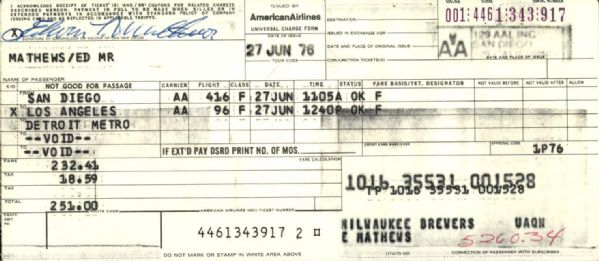 1976 Eddie Mathews Milwaukee Braves Signed Airline Receipt - JSA 