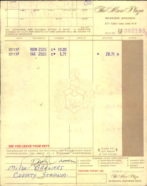 Bobby Thomson Milwaukee Braves Signed The Marc Plaza Receipt - JSA 