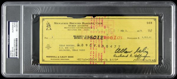 1974 Bud Selig Milwaukee Brewers Signed Check - To Texas Rangers - PSA Encapsulated