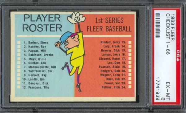1963 Fleer Checklist PSA EX-MT 6