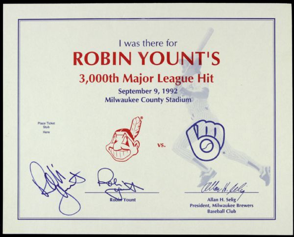 1992 Robin Yount Milwaukee Brewers Signed 3,000th Hit Certificate - JSA 