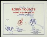 1992 Robin Yount Milwaukee Brewers Signed 3,000th Hit Certificate - JSA 