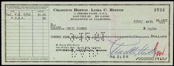 1961 Charlton Heston Signed Check - JSA 