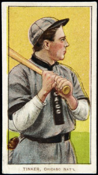 1909 - 11 T206 Joe Tinker Chicago Cubs Bat on Shoulder Old Mill Back Card 