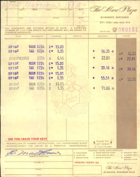 Eddie Mathews Milwaukee Braves Signed The Marc Plaza Hotel Receipt - JSA 