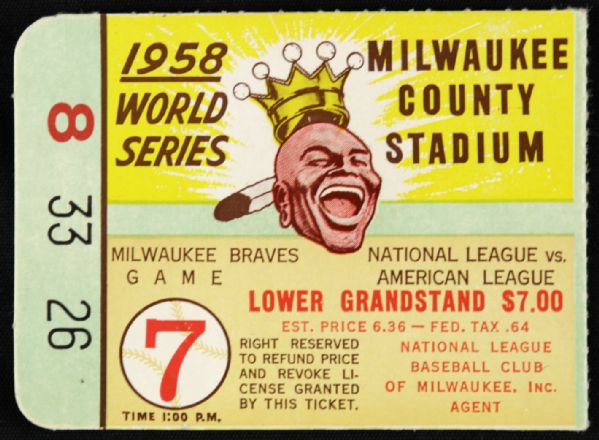 1958 Milwaukee Braves vs. New York Yankees Game 7 Ticket Stub 