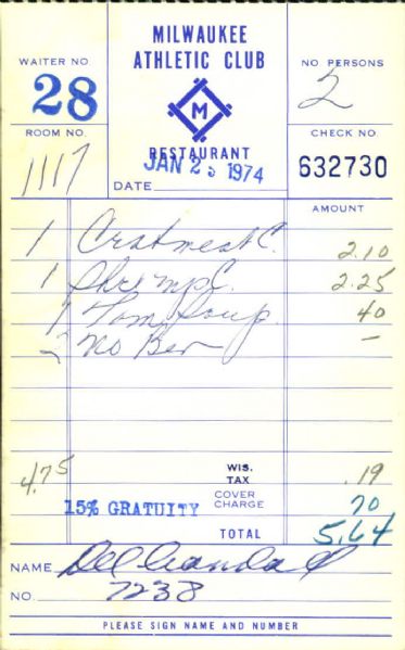 1974 Del Crandall Milwaukee Brewers Signed Milwaukee Athletic Club Receipt - Lot of 5 - JSA 