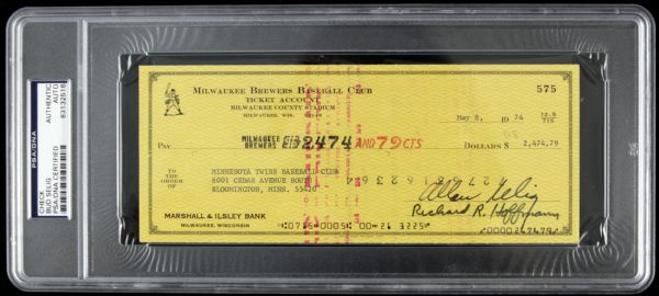 1974 Bud Selig Milwaukee Brewers Signed Check - To Minnesota Twins - PSA Encapsulated