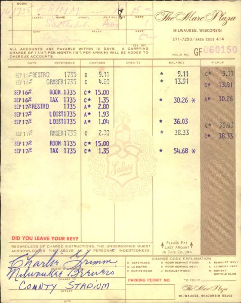 Charlie Grimm Milwaukee Braves Signed The Marc Plaza Receipt - JSA 