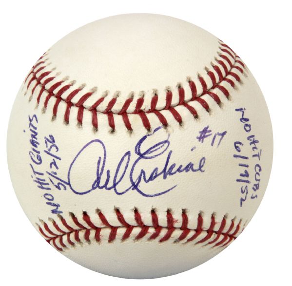 1950s Carl Erskine Brooklyn Dodgers Single Signed OML (Selig) Baseball With No-Hit Inscriptions - JSA