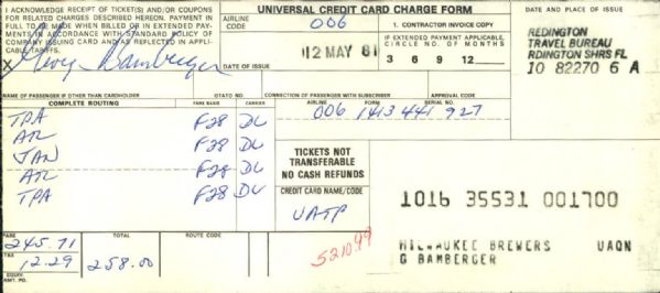 George Bamburger Milwaukee Brewers Signed Receipt - Lot of 2 - JSA
