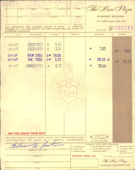 Billy Bruton Milwaukee Braves Signed The Marc Plaza Receipt - JSA 