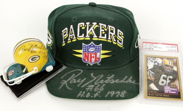 1990s Ray Nitschke Green Bay Packers Signed Cap Card & Helmet Car - JSA