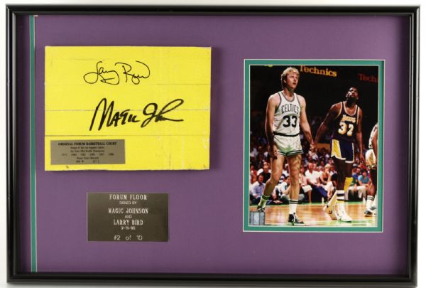 1995  Magic Johnson Los Angeles Lakers & Larry Bird Boston Celtics Signed Framed Display 1/10 - JSA
