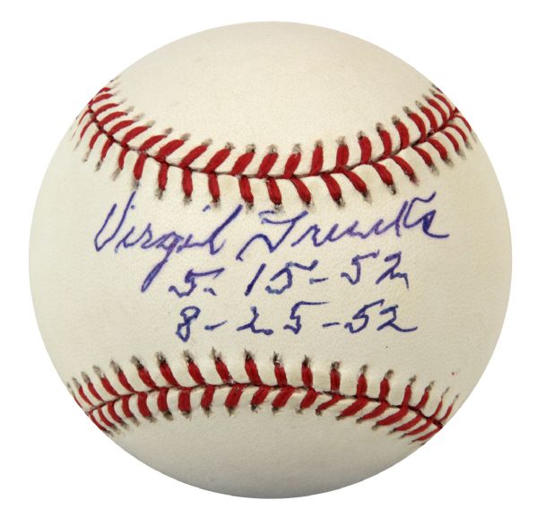 1952 Virgil Trucks Detroit Tigers Single Signed OML (Mac Phail) Baseball "5-15-52" & "8-25-52" - JSA 