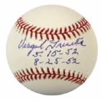 1952 Virgil Trucks Detroit Tigers Single Signed OML (Mac Phail) Baseball "5-15-52" & "8-25-52" - JSA 