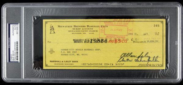 1972 Bud Selig Milwaukee Brewers Signed Check - To Kansas City Royals - PSA Encapsulated