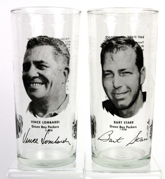 1970s Green Bay Packers Glasses - Set of 10 With Vince Lombardi & 2 Bart Starr