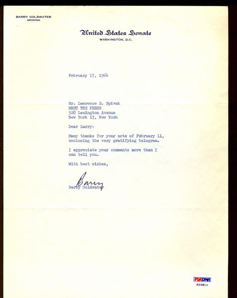 United States Senator Barry Goldwater 1964 Signed Letter (PSA/DNA)