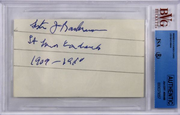 Les Backman signed 3x5 Index Card (BVG/JSA Authentic & Encapsulated)