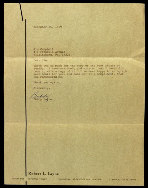 1969 Bobby Layne Detroit Lions  Signed Letter