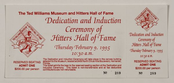 1995 Dedication and Induction Ceremony of Hitters Hall of Fame Ticket