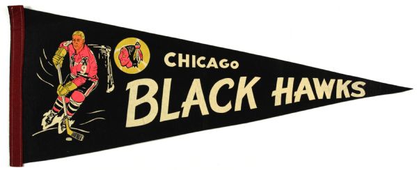 1960s Chicago Black Hawks Bubby Hull Full Size 29" Hockey Pennant