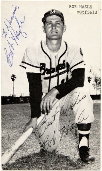 1957 Bob Hazle Milwaukee Braves Postcard vintage signed J.D. McCarthy Postcard (JSA)