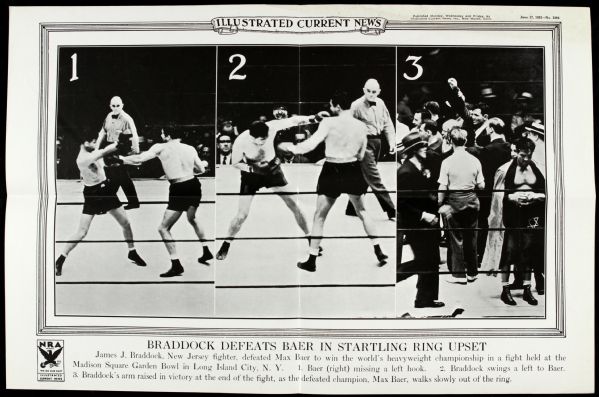 1935 Jim Braddock Defeats Max Baer Boxing Match Illustrated Current News Poster 19" x 12 1/2"