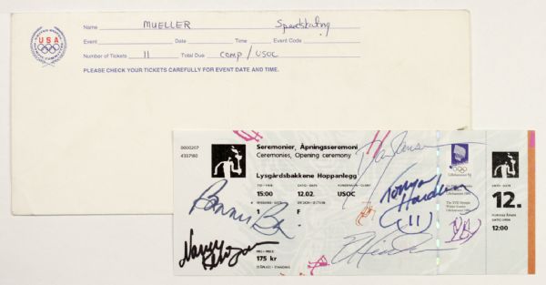 1994 Winter Olympics Ticket from Lillehammer signed by (5) Skaters (JSA) - Bonnie Blair, Nancy Kerrigan, Dan Janssen, Tanya Harding, & Eric Heiden