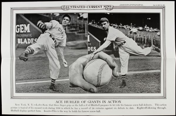 1936 Carl Hubbell New York Giants Illustrated Current News 19" x 12 1/2" Poster