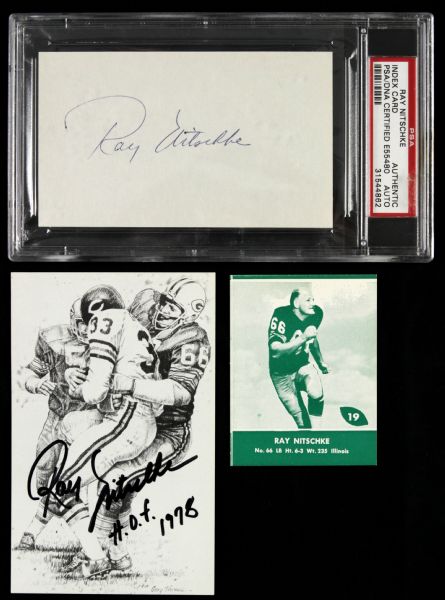 1961 Ray Nitschke Green Bay Packers Lake to Lake Card, Signed Index Card & Postcard - PSA & JSA 