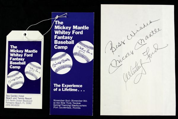 1986 Mickey Mantle & Whitey Ford New York Yankees Signed Paper & Fantasy Camp Information - JSA 