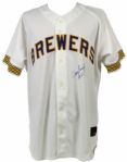 2001 Jeromy Burnitz Milwaukee Brewers Game Worn Twice Signed Throwback Jersey - (MEARS A10 / JSA)
