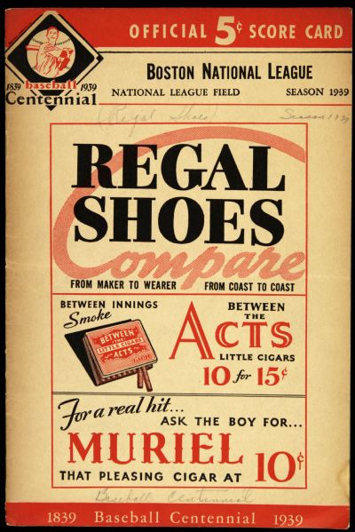 1939 Boston Braves vs. Pittsburgh Pirates Official Scorecard