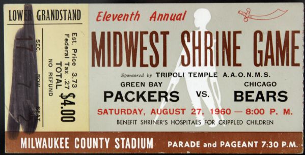 1960 Packers vs. Bears Midwest Shrine Game Ticket Stub