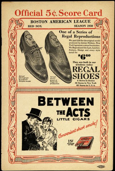 1930 Boston Red Sox vs. Detroit Tigers Official Scorecard