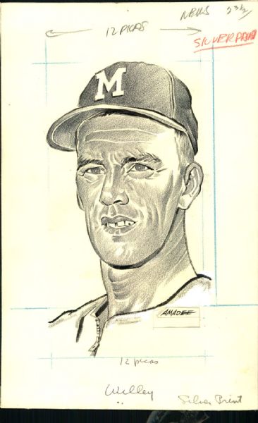 1958-62 Carlton Willey Milwaukee Braves "The Sporting News" Original Illustration Artwork (Sporting News Collection Hologram/MEARS LOA) Unique, 1:1