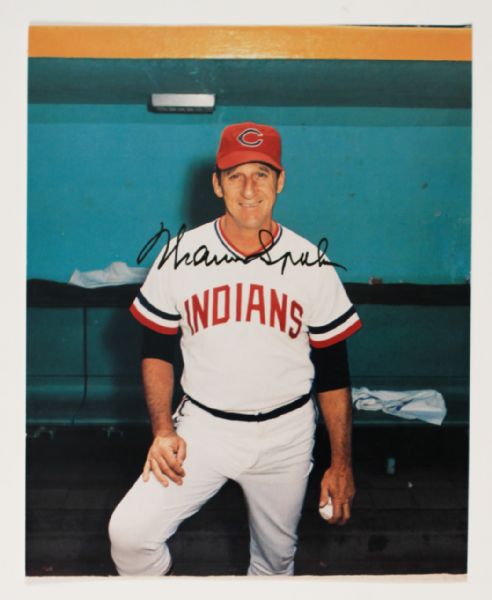 Warren Spahn Cleveland Indians Signed 8x10 photo (MEARS LOA)