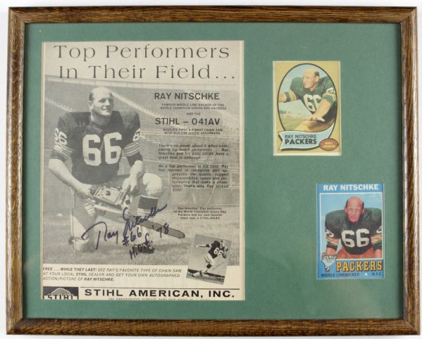 1980s Ray Nitschke Green Bay Packers Signed Advertisement & Two Topps Cards - JSA 