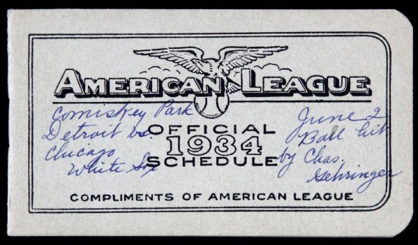 1934 American League Pocket Baseball Schedule
