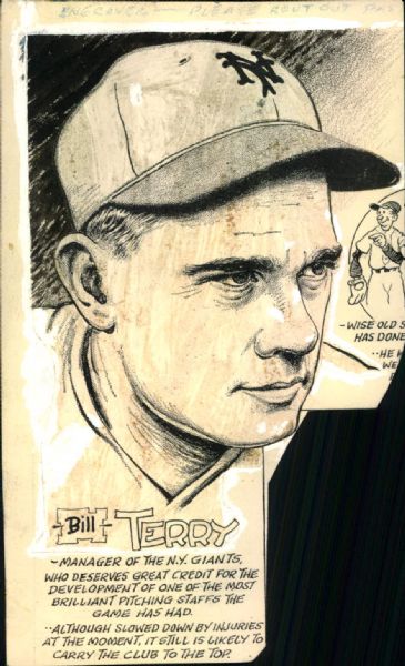 1932-41 Bill Terry New York Giants "The Sporting News" Original Illustration Artwork (Sporting News Colletion Hologram/MEARS LOA) Unique, 1:1