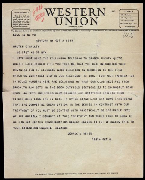 1949 Western Union Telegram to Walter OMalley From Yankee GM George Weiss With World Series Content